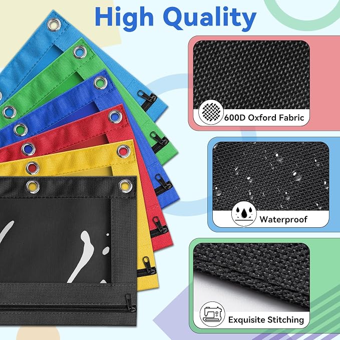 V-Opitos Pencil Pouch for 3 Ring Binder, Bulk 6 Pack 3-Holes Zipper Pencil Pouches in Assorted Colors, Sturdy and Durable Cloth Pencil Case with Clear Window for Office School College Supplies