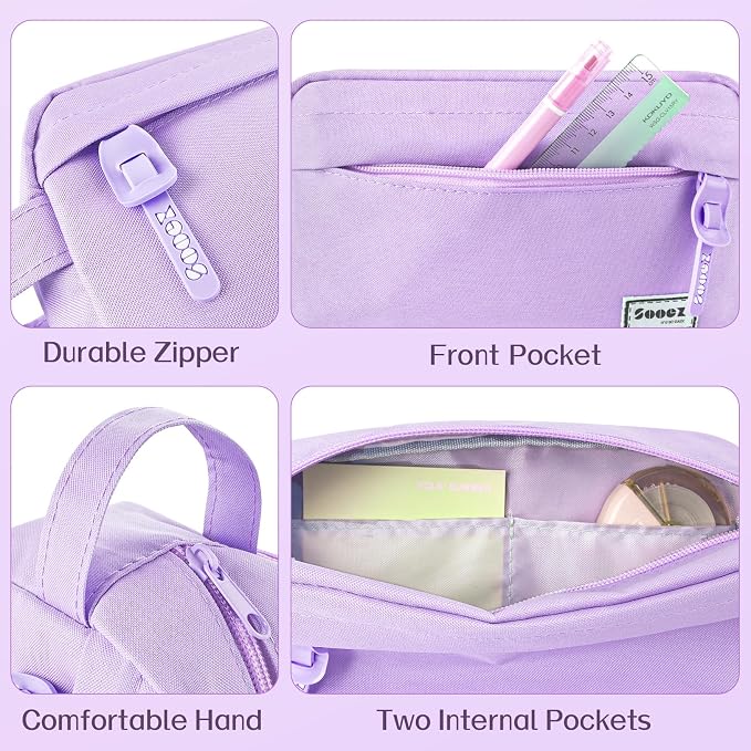 Sooez Original High Capacity Pencil Case, Big Pencil Bag Pouch Box Organizer Pen Case, Aesthetic Supply for Girls Adults, Portable Journaling Supplies with Easy Grip Handle & Loop, Purple