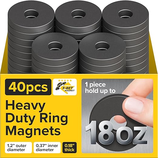 Heavy Duty Ring Magnets - Ultra Strong (1.2x0.18/30x4.5mm, 40 pcs) Magnets with Holes for DIY & Crafts - Space Organization Set for Home, Workshop, Refrigerator, Whiteboard, Office, Classroom