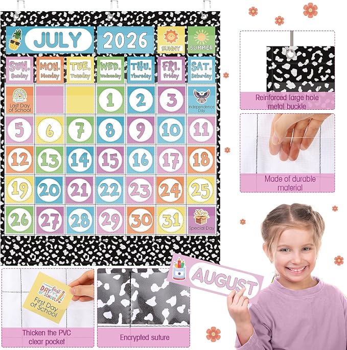 Sinload Classroom Calendar Pocket Chart Set Calendar Bulletin Board Set Seasons Festival Weather Pocket Chart for Classroom Decoration Back to School Supplies(Classic,Black White)