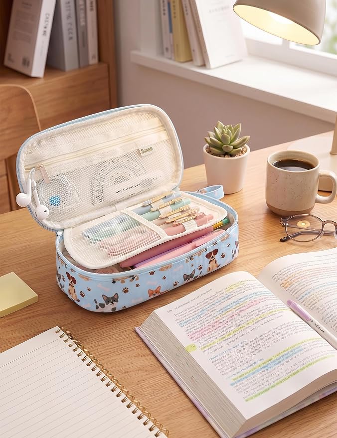 SUNEE Cute Pencil Case, Large Pencil Pouch, Aesthetic Big Pencil Bag with Zipper, Kawaii Stationery Storage and Organizer, School Supplies for Teen and Adult, Boys & Girls, Heavy Duty Canvas Cute Dog
