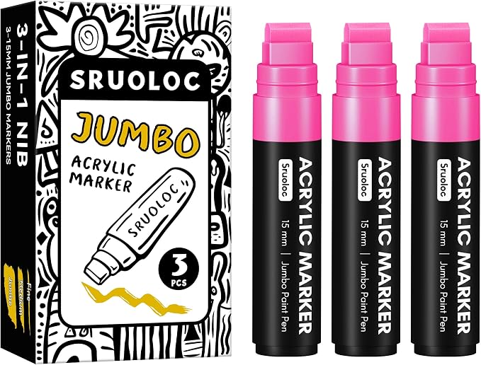 SRUOLOC 3 Jumbo Permanent Markers Pink, 15mm Thick Wide Tip, Large Acrylic Paint Markers for Rock Painting, Poster, Graffiti, Stone, Ceramic, Glass, Wood, Canvas