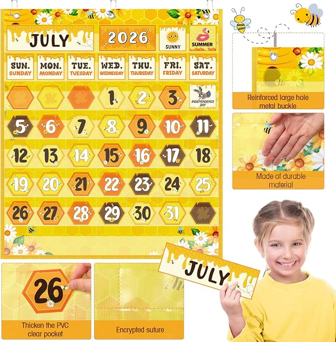 Sinload Classroom Calendar Pocket Chart Set Calendar Bulletin Board Set Seasons Festival Weather Pocket Chart for Classroom Decoration Back to School Supplies(Bee,Yellow)