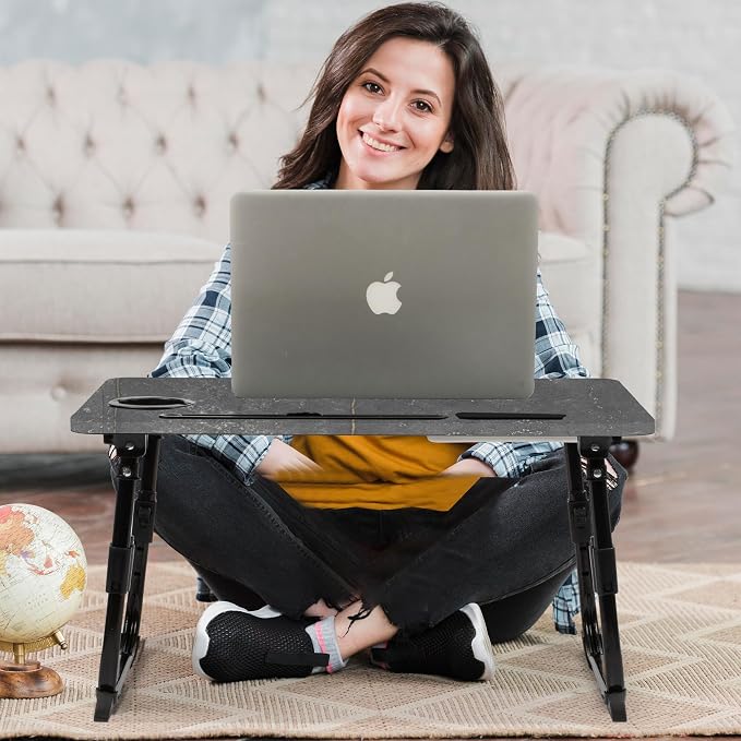 Lap Desk for Bed, Adjustable Laptop Desk with USB Charging Port, Storage Drawer & Bookshelf — Foldable Bed Desk for WFH & Students, 23.6" Desktop Fits 17" Laptop, Non-Slip, Deep Stone Texture