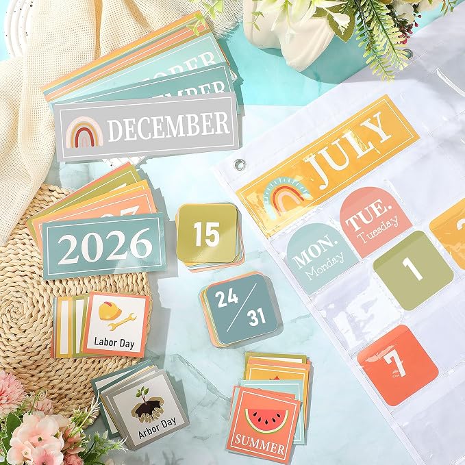 Sinload Classroom Calendar Pocket Chart Set Calendar Bulletin Board Set Seasons Festival Weather Pocket Chart for Classroom Decoration Back to School Supplies(Muted Boho,Muted)