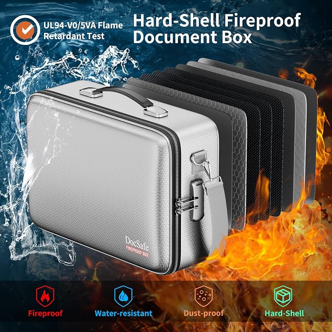 DocSafe Fireproof Document Box with Lock, Hard Case File Organizer with Accordion File Folder, Fireproof Water Resistant Safe Box Home Office Travel Storage for Important Documents Laptop Silver