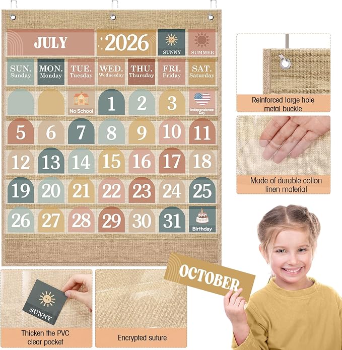 Sinload Classroom Calendar Pocket Chart Set Calendar Bulletin Board Set Seasons Festival Weather Pocket Chart for Classroom Decoration Back to School Supplies(Modern Boho 2,Linen Color)