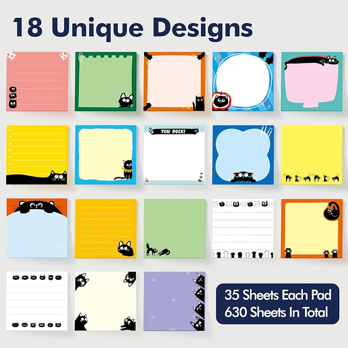 18 PCS Sticky Notes with Lines, Adhesive Note Pads Black-Cat Fun Notepads, Employee Appreciation Gifts Bulk for Teacher, Nurse, Coworkers, Office, Work & Study Supplies (3” x 3“)