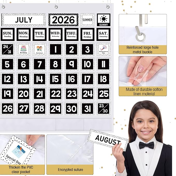 Sinload Classroom Calendar Pocket Chart Set Calendar Bulletin Board Set Seasons Festival Weather Pocket Chart for Classroom Decoration Back to School Supplies(Modern Farmhouse,White)