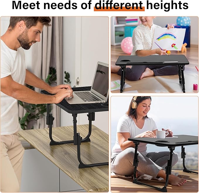 Lap Desk for Bed, Adjustable Laptop Desk with USB Charging Port, Storage Drawer & Bookshelf — Foldable Bed Desk for WFH & Students, 23.6" Desktop Fits 17" Laptop, Non-Slip, Black