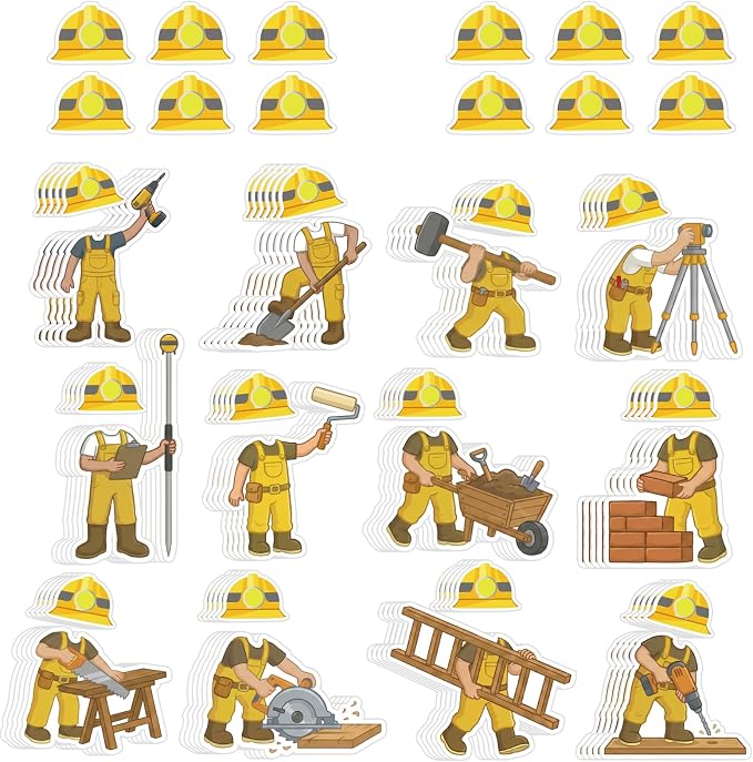 Fuutreo 60 Pcs Construction Site Theme Cutouts Construct Helmet Bulletin Board Decorations Building Worker Paper Cut Outs Classroom Decor for Kindergarten Preschool DIY Craft Photo Wall Door Supplies