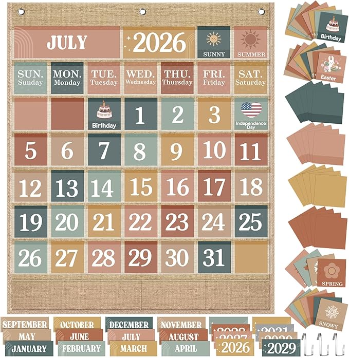 Sinload Classroom Calendar Pocket Chart Set Calendar Bulletin Board Set Seasons Festival Weather Pocket Chart for Classroom Decoration Back to School Supplies(Modern Boho,Linen Color)