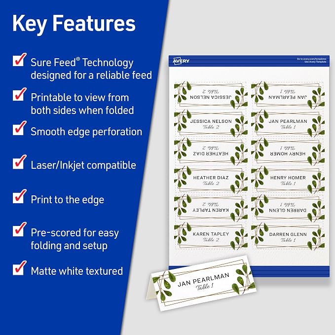 Avery Printable Place Cards with Sure Feed Technology,1-7/16" x 3-3/4",Matte White,150 Blank Tent Cards for Laser or Inkjet Printers (5011),(Pack of 5)