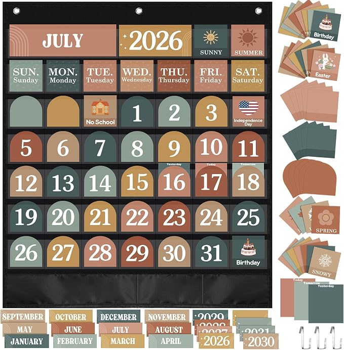 Sinload Classroom Calendar Pocket Chart Set Calendar Bulletin Board Set Seasons Festival Weather Pocket Chart for Classroom Decoration Back to School Supplies(Modern Boho 2,Black)