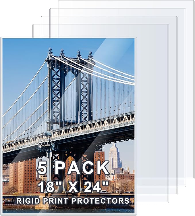 AKONEGE 5 Pcs 18" x 24" Rigid Print Protectors Clear Hard Sheet Protectors Heavy Duty Top Loading Crystal Poster Sleeves Picture Frame Hard Plastic Sleeves for Art Prints Photos Documents Blueprint