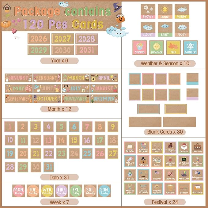 Sinload Classroom Calendar Pocket Chart Set Calendar Bulletin Board Set Seasons Festival Weather Pocket Chart for Classroom Decoration Back to School Supplies(Rustic,White)