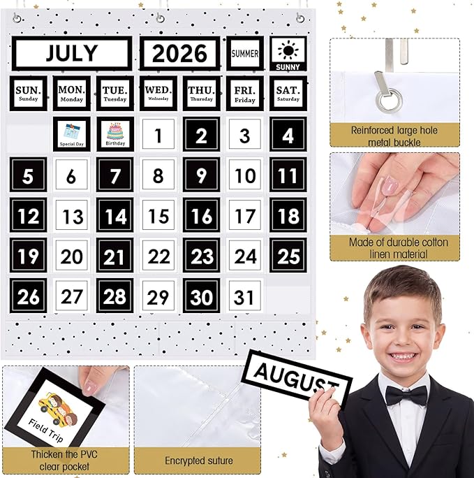 Sinload Classroom Calendar Pocket Chart Set Calendar Bulletin Board Set Seasons Festival Weather Pocket Chart for Classroom Decoration Back to School Supplies (Black White,Modern Farmhouse)