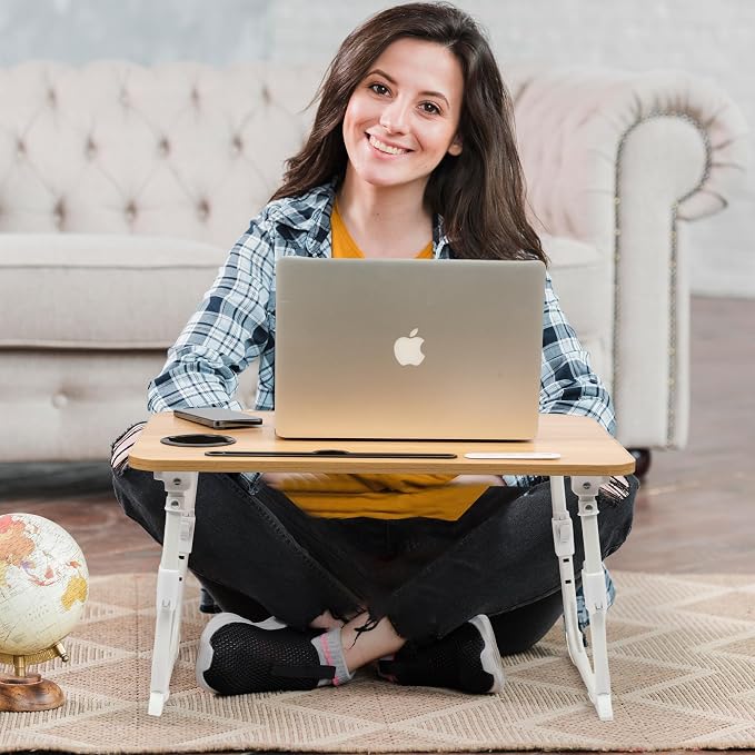 Lap Desk for Bed, Adjustable Laptop Desk with USB Charging Port, Storage Drawer & Bookshelf — Foldable Bed Desk for WFH & Students, 23.6" Desktop Fits 22" Laptop, Non-Slip, Wood