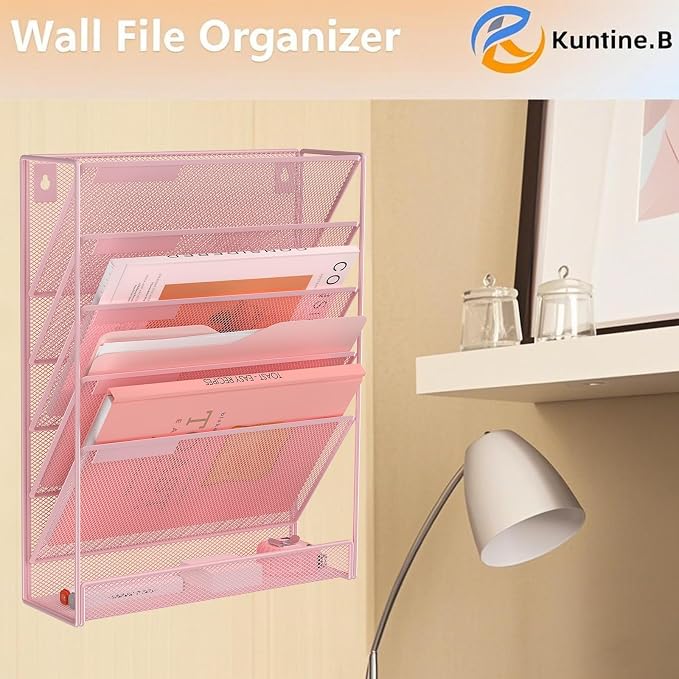 Kuntine.B 6-Tier Wall File Organizer Hanging File Organizer Cubicle Organizer Wall File Holder for Office Home (Pink, 6 Tier)