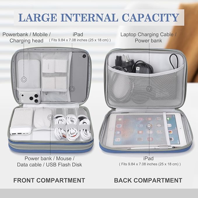 FYY Electronic Organizer, Extra Large Travel Cable Organizer Bag Pouch Portable Waterproof Double Layers All-in-One Storage Bag for iPad, Cable, Power Bank, Laptop Charger for Office, Blue-Pattern