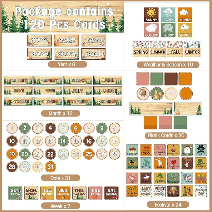 Sinload Classroom Calendar Pocket Chart Set Calendar Bulletin Board Set Seasons Festival Weather Pocket Chart for Classroom Decoration Back to School Supplies(Woodland,Wood Color)