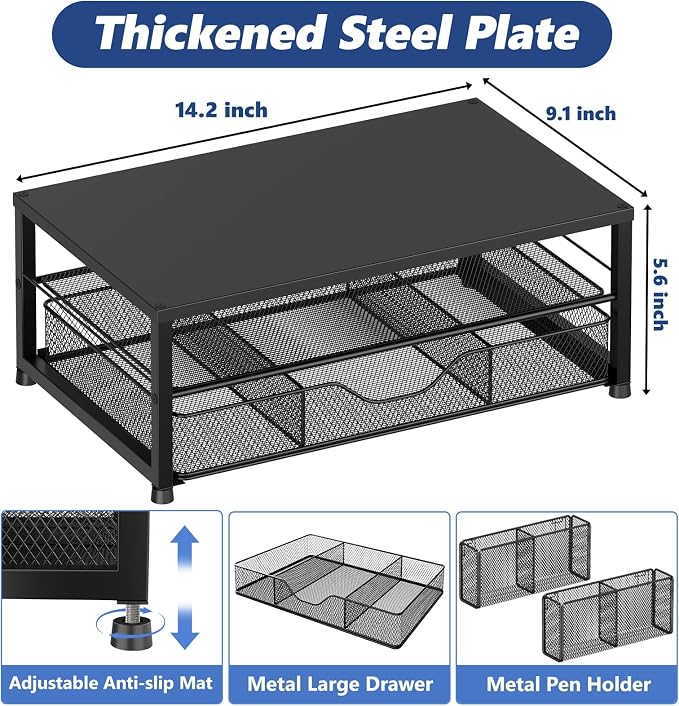 OPNICE Desk Organizer and Accessories, 2-Tier Computer Monitor Stand Riser with Drawer and 2 Pen Holders, Laptop Stand, Office Desk Accessories for Office Supplies, Black 2-Pack