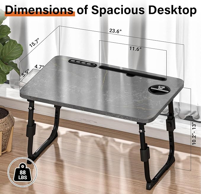 Lap Desk for Bed, Adjustable Laptop Desk with USB Charging Port, Storage Drawer & Bookshelf — Foldable Bed Desk for WFH & Students, 23.6" Desktop Fits 17" Laptop, Non-Slip, Deep Stone Texture