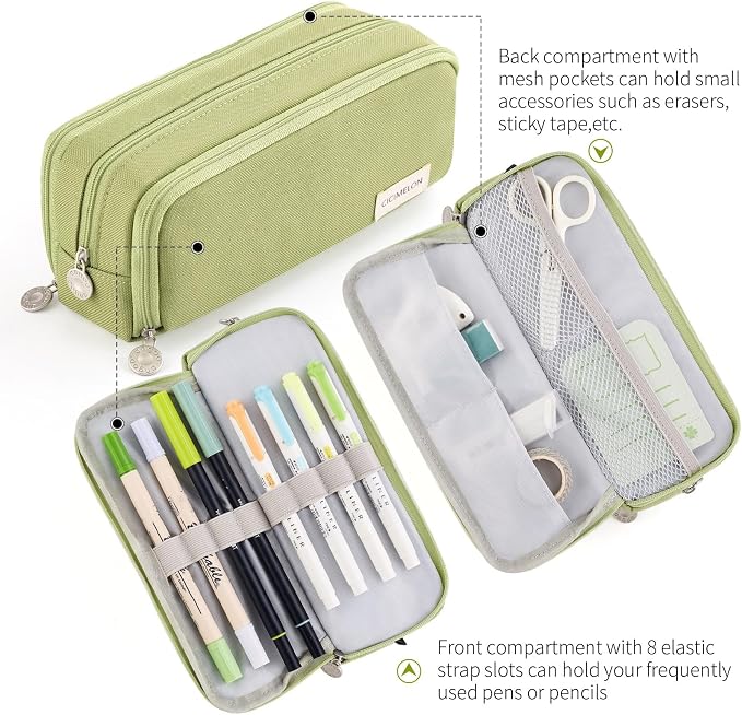 CICIMELON Large Capacity Pencil Case 3 Compartment Pouch Pen Bag for School Teen Girl Boy Men Women (Green)