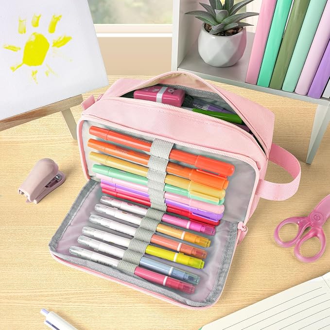 Sooez Original High Capacity Pencil Case, Big Pencil Bag Pouch Box Organizer Pen Case, Aesthetic Supply for Girls Adults, Portable Journaling Supplies with Easy Grip Handle & Loop, Pink