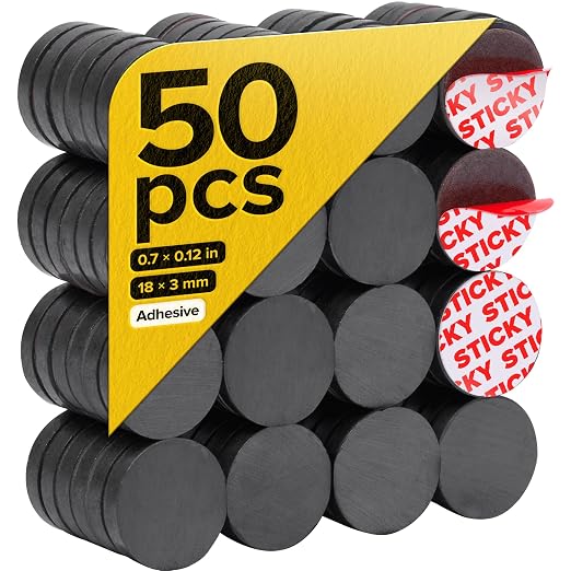 Strong Ceramic Round Magnets with Adhesive Backing (0.7x0.12/18x3mm, 50 pcs) - Heavy Duty Sticky Magnets, Non-Corrosive, Versatile for Home, Office, Workshop, Whiteboard, Fridge and Hobby Use