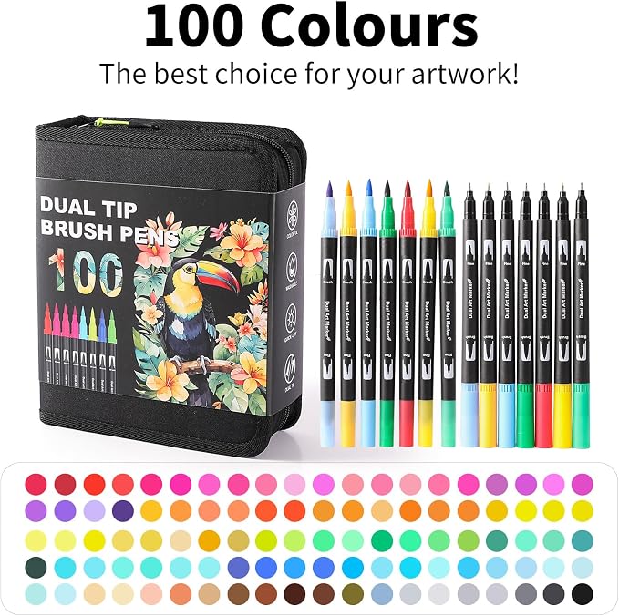 TOSHARE 100 Colors Brush & Fine Dual Tip Watercolor Markers for Adult Coloring Books No Bleeding Paint Pens For Drawing Note Taking Planner Calligraphy Journaling Card Making Back-to-School Supplies