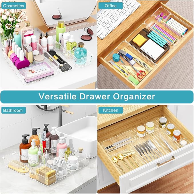 Manalete Drawer Organizers Set of 65, 4 Sizes Clear Plastic Drawer Organizers and Storage Bins for Kitchen, Bathroom, Office, Dresser Desk Drawer Organizer Tray for Jewelry, Makeup, Junk, Gadgets