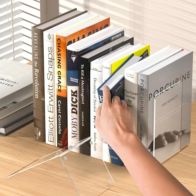 Acrylic Bookends 6 Pcs, Clear Book Ends for Shelves, Transparent Organizer, Holder Stand Decorative, Stoppers for Heavy Duty Books, CD, File, Video Games