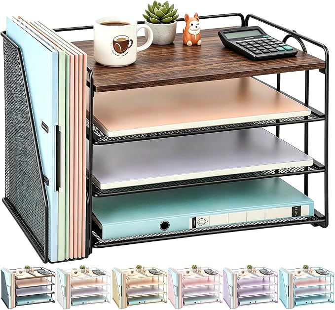 gianotter 4-Tier Paper Organizer With Magazine Holder, Desk Organizers and Accessories, Desk Accessories & Workspace Organizers, File Organizer for Office Supplies Storag (Wood, 4-Tier)