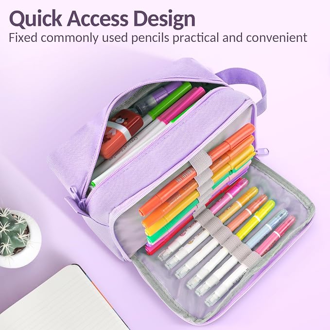 Sooez Original High Capacity Pencil Case, Big Pencil Bag Pouch Box Organizer Pen Case, Aesthetic Supply for Girls Adults, Portable Journaling Supplies with Easy Grip Handle & Loop, Purple