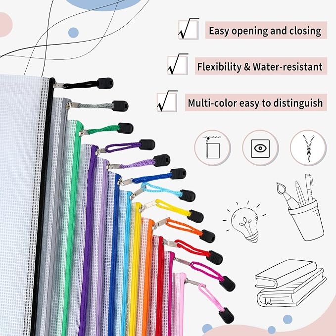 EOOUT 72pcs Mesh Zipper Pouch, A4 Size, 12 Colors Zipper Bags for Organizing Storage, Waterproof Puzzle Bag, Zipper File Bags for Board Games and School Office Supplies