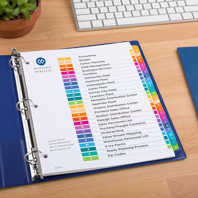 Avery A-Z Dividers for 3 Ring Binders, 26 Tabs per Set, Customizable Table of Contents, Multicolor Tabs, Great for Organizing Reports, Projects, and More (11125)