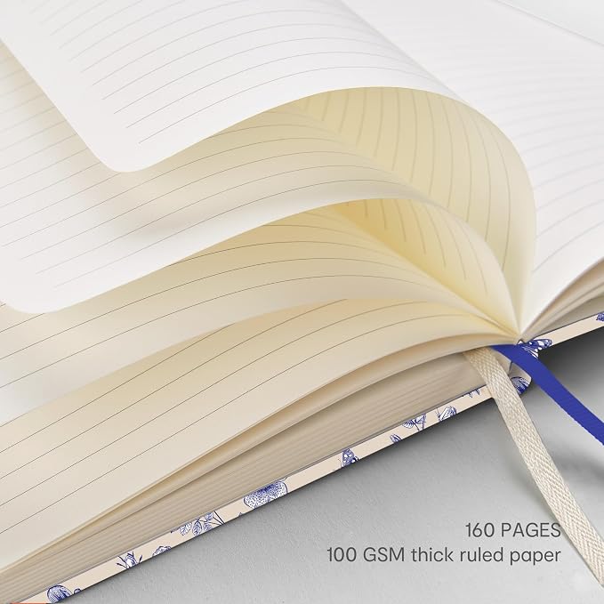 &And Per Se Lined Hardcover Notebook – A5 5.7"x8" College Ruled, 160 Pages, 100gsm Thick Paper – Aesthetic Journal for Women, Gift-Ready Planner, Everyday Writing Notebook (Blue Flowers)
