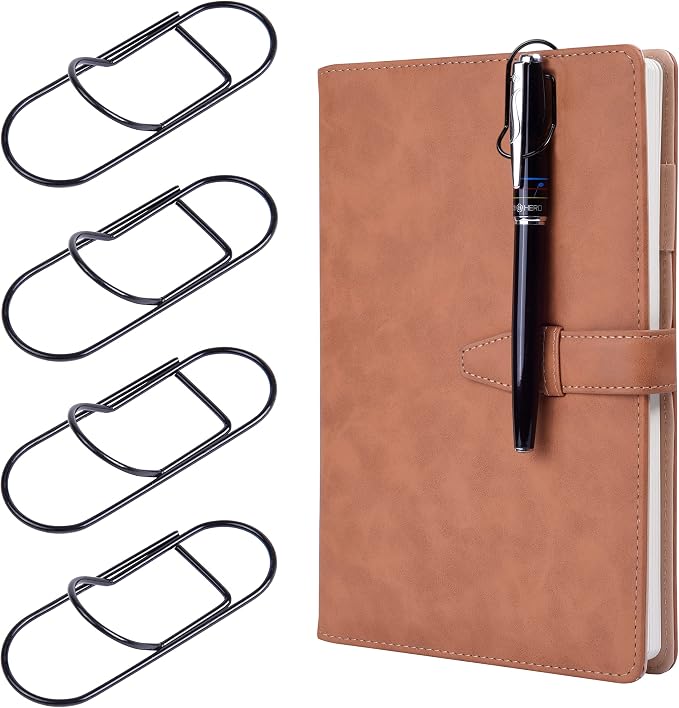 Wisdompro 12 Pack Paper Clip Pen Holder for Notebook, Journal, Black | Stainless Steel, Large Paperclip Pencil Holder for Travelers Planner, Book, Binder, Clipboard, Bible, Fits Most Pen Sizes