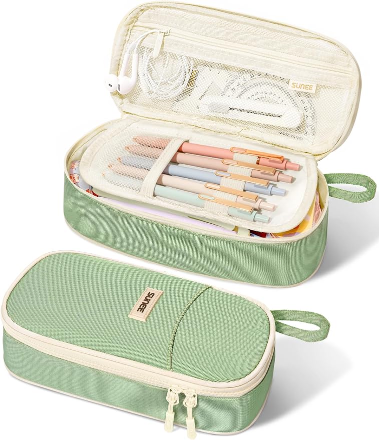 SUNEE Cute Pencil Case, Large Pencil Pouch, Aesthetic Big Pencil Bag with Zipper, Kawaii Stationery Storage and Organizer, School Supplies for Boys and Girls Teen, Heavy Duty Oxford Canvas, Sage Green