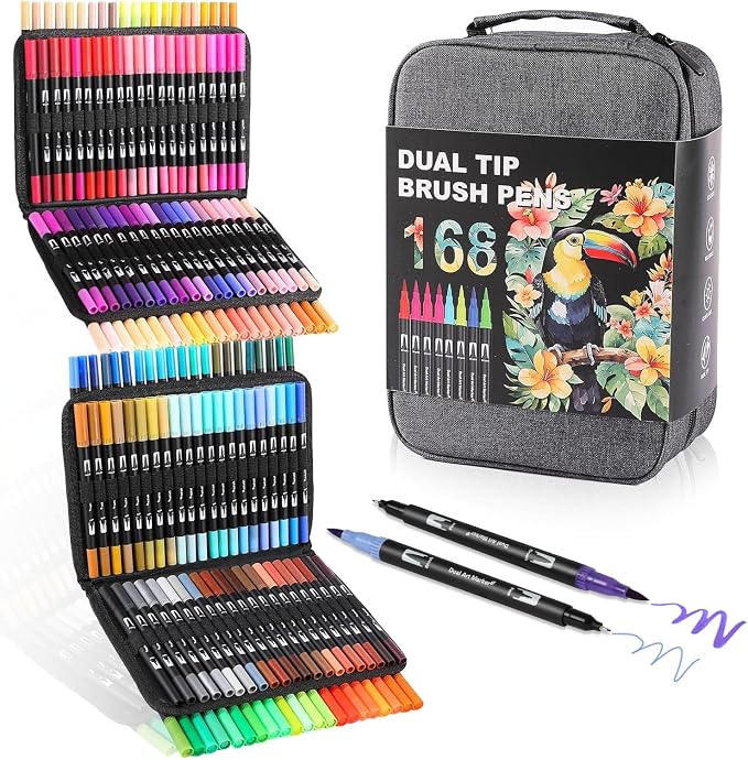 TOSHARE 168 Colors Brush & Fine Dual Tip Watercolor Markers for Adult Coloring Books No Bleeding Paint Pens For Drawing Note Taking Planner Calligraphy Journaling Card Making Back-to-School Supplies