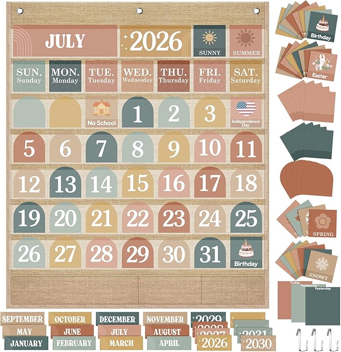 Sinload Classroom Calendar Pocket Chart Set Calendar Bulletin Board Set Seasons Festival Weather Pocket Chart for Classroom Decoration Back to School Supplies(Modern Boho 2,Linen Color)
