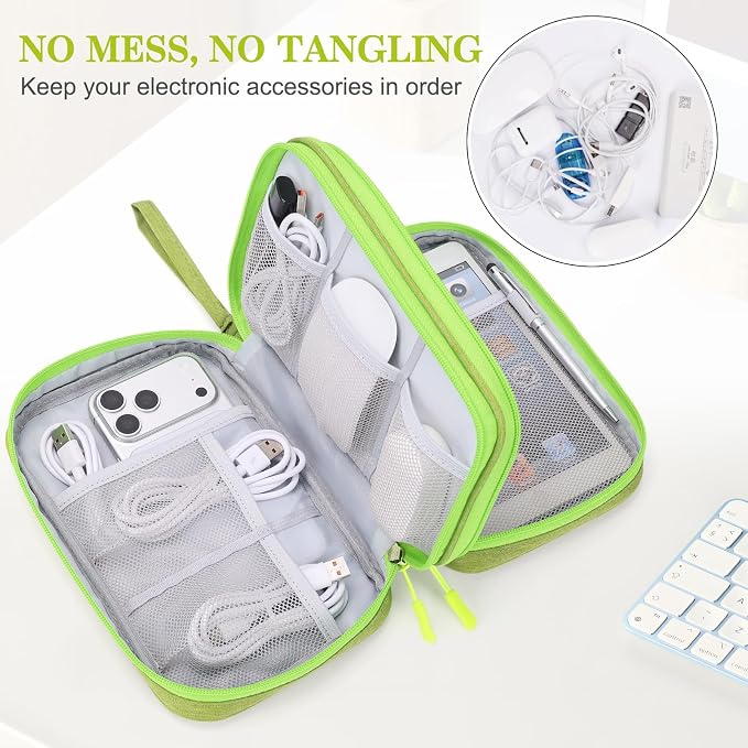 FYY Electronic Organizer, Large Travel Cable Organizer Bag Pouch Electronic Accessories Carry Case Portable Waterproof Double Layers All-in-One Storage Bag for Cable, Cord, Charger, Green