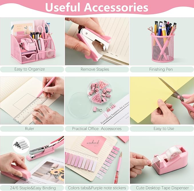 Fayoo 11 Pcs Pink Office Supplies Set Mesh Desk Organizer Accessories Kit include Stapler Tape Dispenser Staple Remover Clips Ruler Scissors Sticky Notes for Office School Home Women (Pink)