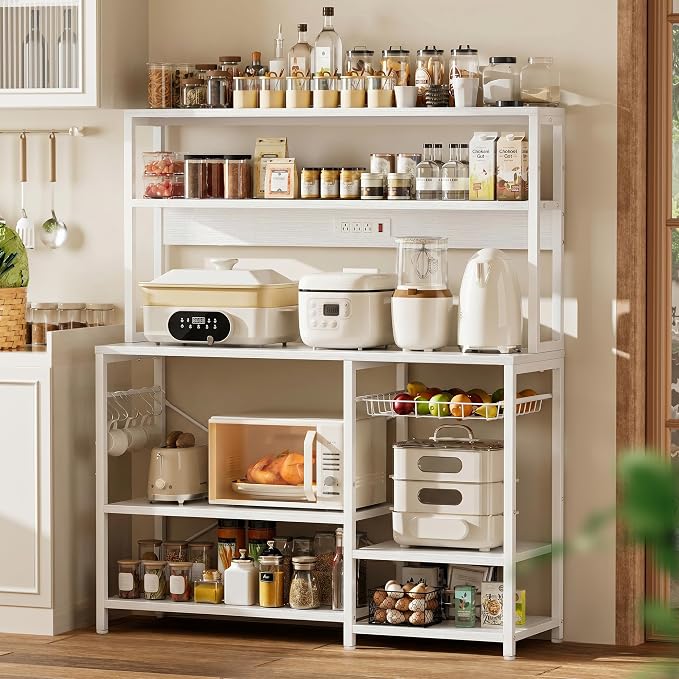 SUPERJARE Bakers Rack with Power Outlet, 47.2 Inches Coffee Bar with 3 Level-Adjustable Open Shelves, Wire Basket, Kitchen Microwave Stand with 6 S-Shaped Hooks, White
