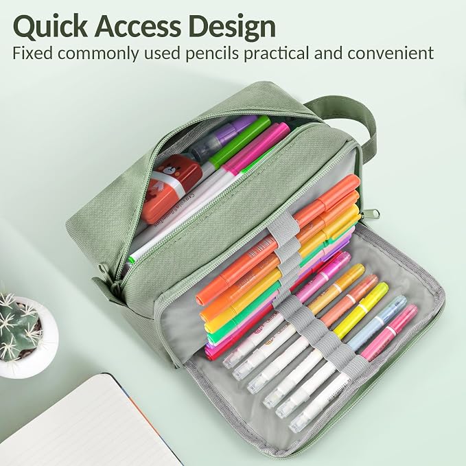 Sooez Original High Capacity Pencil Case, Big Pencil Bag Pouch Box Organizer Pen Case, Aesthetic Supply for Girls Adults, Portable Journaling Supplies with Easy Grip Handle & Loop, Olive Green