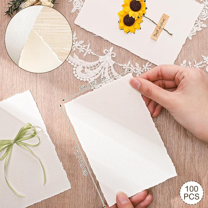100 Sheets Deckled Edge Paper 5x7, 160 GSM Handmade Textured Paper | Cold-pressed rough texture, ideal for invitations, cards, watercolor art, crafts, and handmade projects