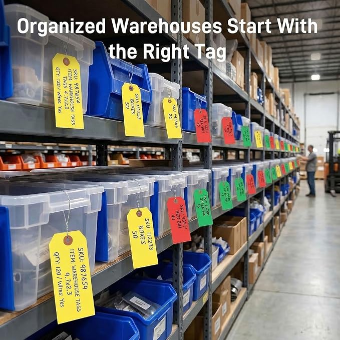 SallyFashion 120 Pack Yellow Manila Shipping Tags with Wire, 4-3/4" x 2-3/8" Reinforced Eyelet Tags for Equipment Maintenance, Retail Pricing, Inventory & Garage Sales