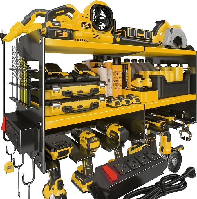 Spampur Large Power Tool Organizer Wall Mount with Charging Station, 3 Layer Heavy Duty Metal Tool Storage Rack Loads 420lbs with 6 Cordless Drill Holder, Utility Rack Loads with 4 Power Strip | Max 420lb Load by Heavy Duty Metal, 6 Slots for Cordless ...