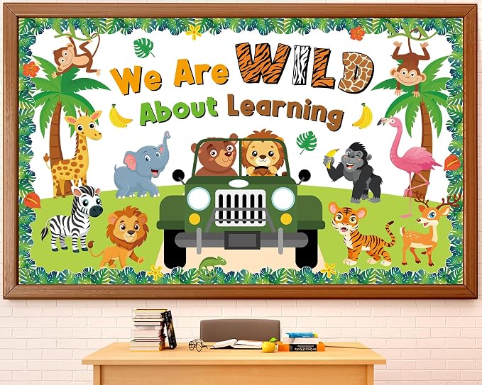 Jungle Animals Bulletin Board Set Safari Jungle Classroom Decorations We are Wild About Learning Monkey Elephant Lion Truck Wild Paper Cutouts for Summer Back to School Chalkboard Window Wall Decor